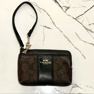 Coach small wallet wristlet coin holder pouch handbag purse leather brown zip